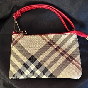 Elegant Plaid Fashion Wristlet Clutch with Red Accents and Strap